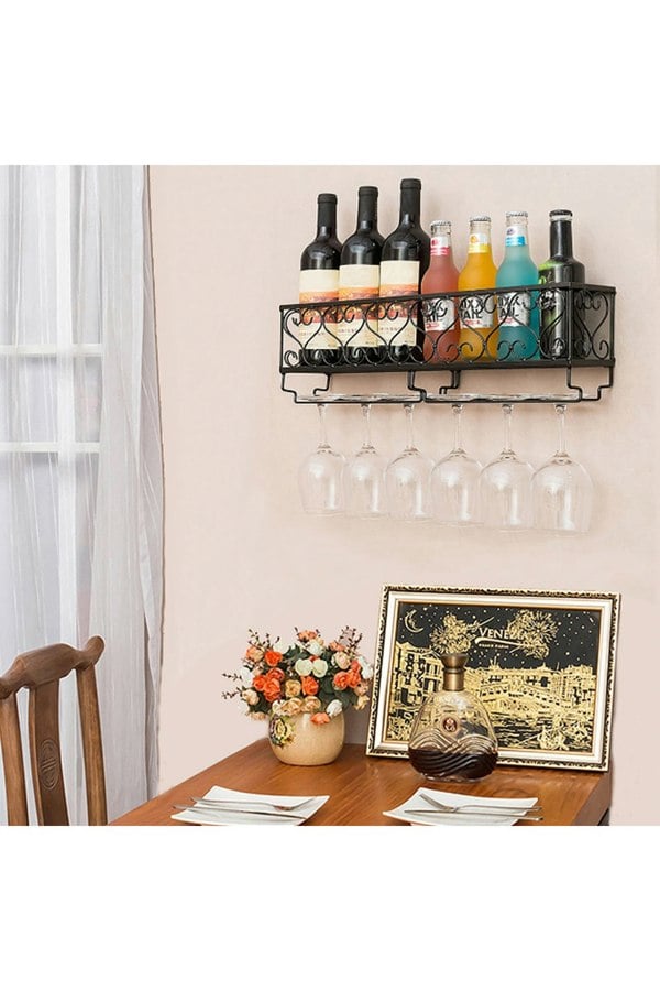 Living and Home 50cm Wall Mounted Wine Rack Iron Bottle Champagne Glass Holder Shelves Home Party Bar