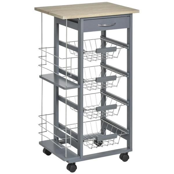 Grey rolling kitchen storage cart with 4 metal basket drawers and side racks