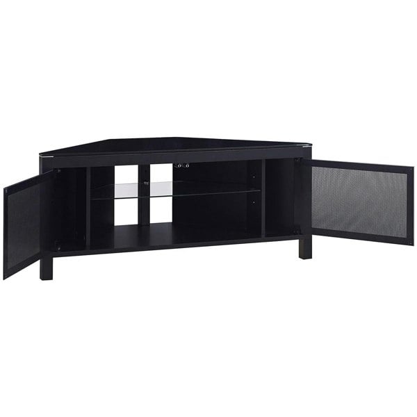 MDA Designs VOLANS Black Tru-Corner Remote Friendly Doors Black/Walnut Reversible Panel Flat Screen TV up to 42" Corner TV Cabinet