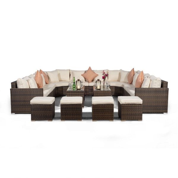 Giardino Santorini U Shape Modular 10 Seat Rattan Sofa Set With 2 Large Coffee Tables & 4 Stools
