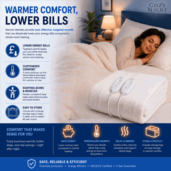 Cozy Night Electric Blanket Double Size Heated with 3 Heat Settings - Machine Washable with Overheat Protection