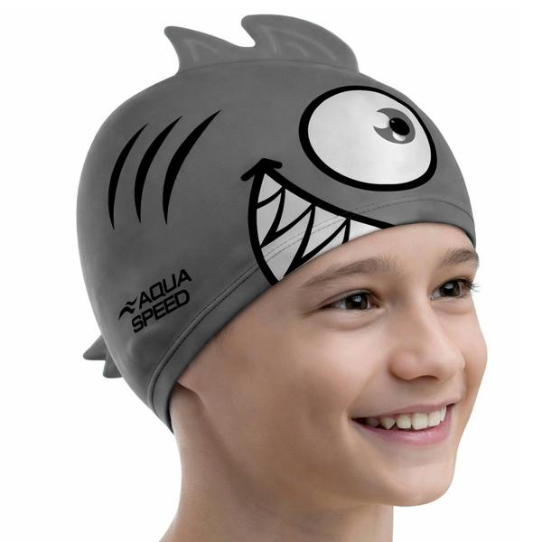 Aqua Speed Boys Girls Piranha Patterned Swimming Cap | Silicone 3D Print Easy Fit Swim Cap