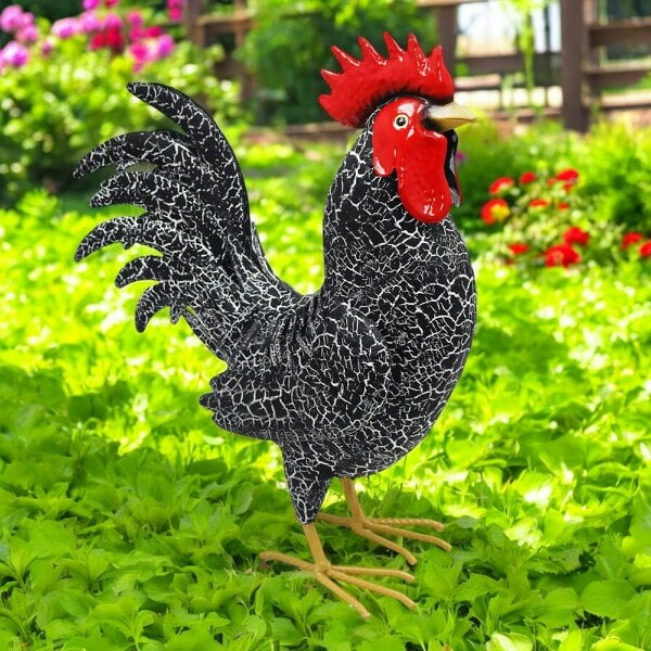 EDH Door Hardware Large Metal Black Cockerel (44cm x 16cm x 36cm) – Handcrafted Rustic Rooster Garden Ornament Farmyard Statue