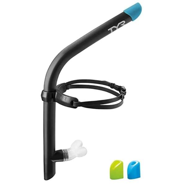 TYR Ultralite Swim Snorkel 2.0 with black and blue earplugs