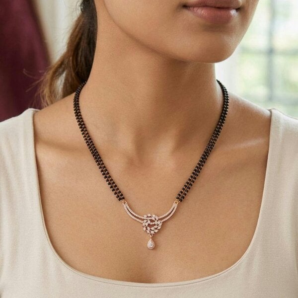 The Colourful Aura Rose Gold CZ Crystal Floral Wreath Mangalsutra Black Bead Necklace