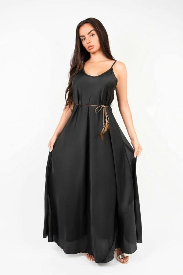 Liora Strappy Maxi Dress With Feather Tie Waist - Black
