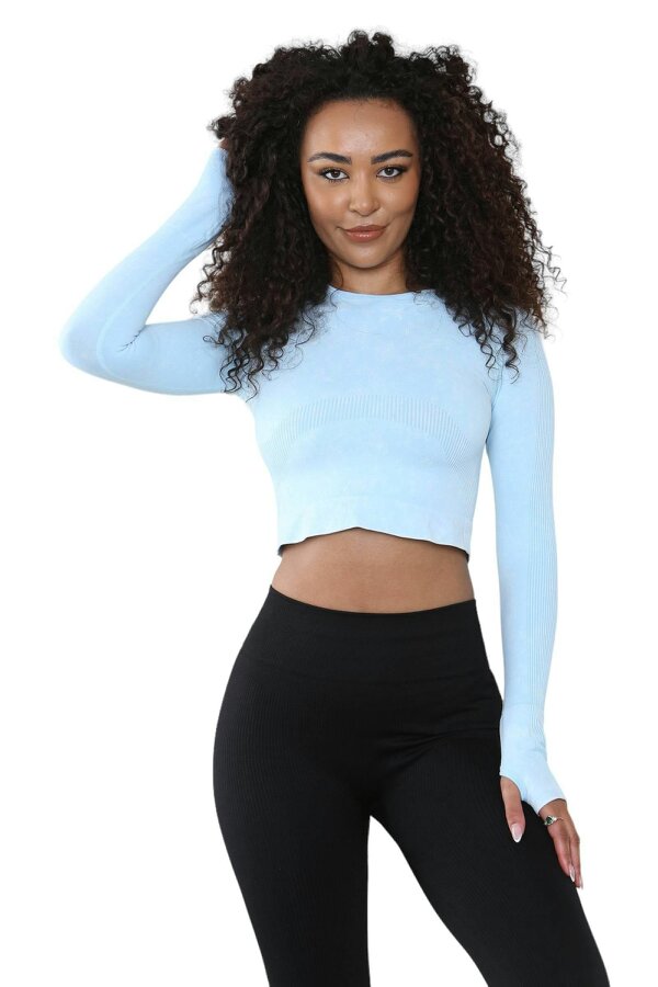 Elaina Fashion Women's Round Neck Tie-Dye Rib Seamless Slim Fit Crop Top Activewear  - Baby Blue - 85% Nylon & 15% Spandex