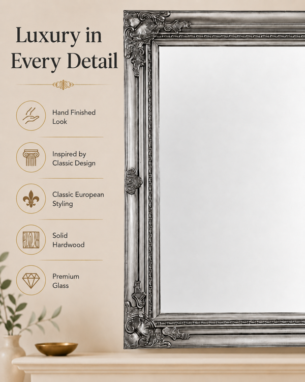 Downton Interiors Antique Silver Extra Large Wood Frame Wall Mirror 106cm x 75cm