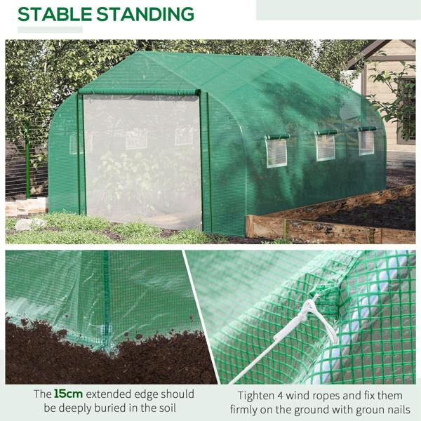 Green outdoor walk-in greenhouse with PE cover and mesh walls, installed