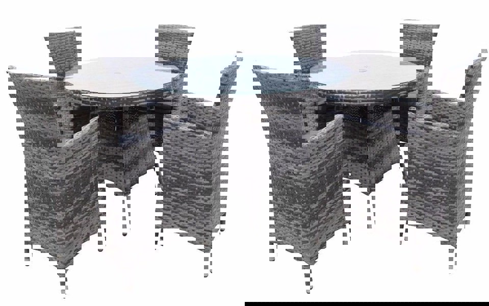 Furniture One 5 PCS Aluminium Rattan Garden Furniture 4 Seat Set, Round Tempered Glass Dining Table + 4 Chairs Set Full Assembly