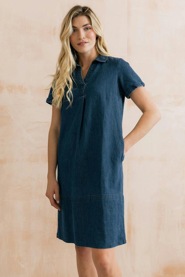 Lavender Short Sleeve Collared V-Neck Denim Dress