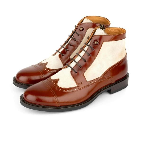 Embassy London Charles - Light Tan & Cream - Men's Toe-Cap Dressy Leather & Suede Boot with Brogue Details