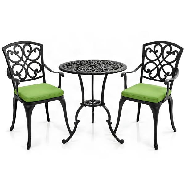 Centurion Supports VIVALDI Black 3-Piece Cast Aluminium Garden Bistro Set - with Green Cushions
