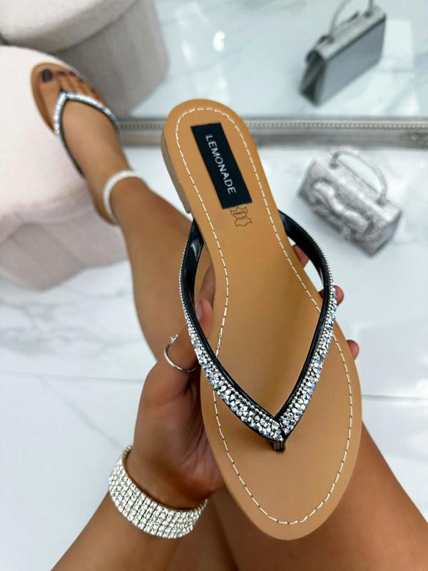 Love Lemonade Crystal Sparkle Flip Flops Black