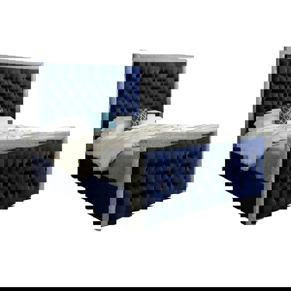 Casa Magna Venice Glitter Border Upholstered Soft Velvet Bed Frame - Blue