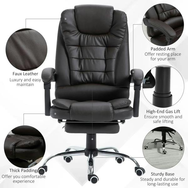 High-back office chair with thick padding, padded armrests, and dark PU leather