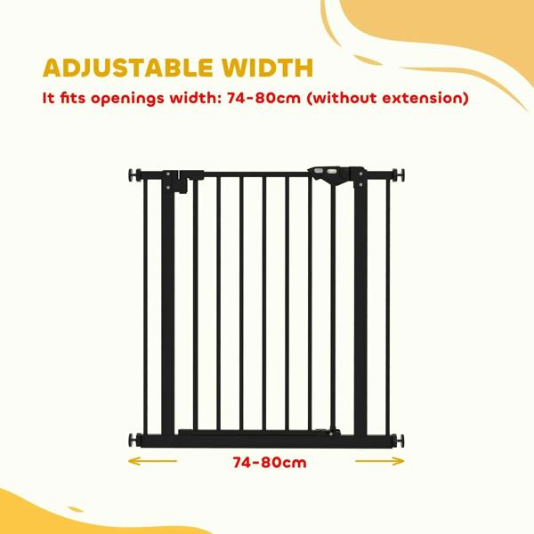 Black safety gate with vertical bars, adjustable fit opening width diagram.