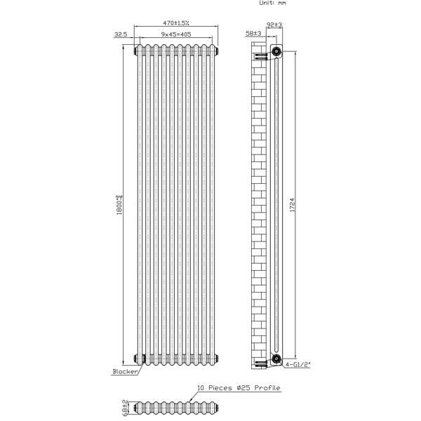 Monstershop Traditional 2 Column Radiator - 1800 x 470mm - Raw Metal