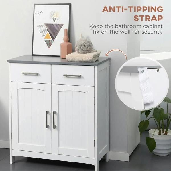 White bathroom cabinet with anti-tip wall strap and double doors, gray tabletop and metal handles