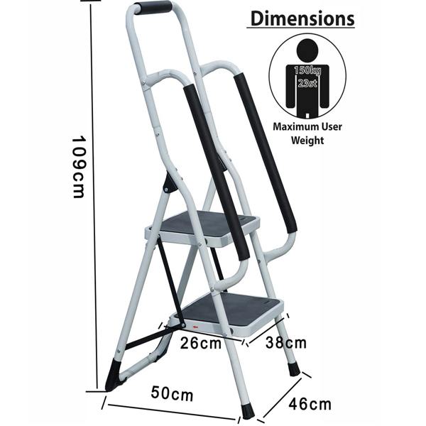 Gr8 Home 2 Step Ladder Folding Stool Non Slip Tread Steel Foldable Home DIY With Handrail