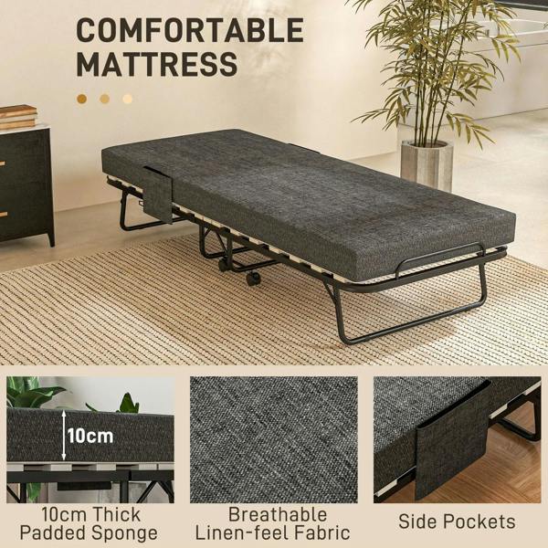 Folding bed with dark grey padded mattress, black frame with side pocket and pull handle