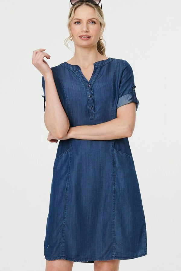 Blue | Denim Relaxed Button-Front Short Dress
