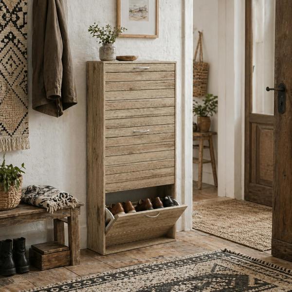 Wyld Haus Covara Wooden Brown Wood Effect 12 Pair Shoe Cabinet With Flip Drawers