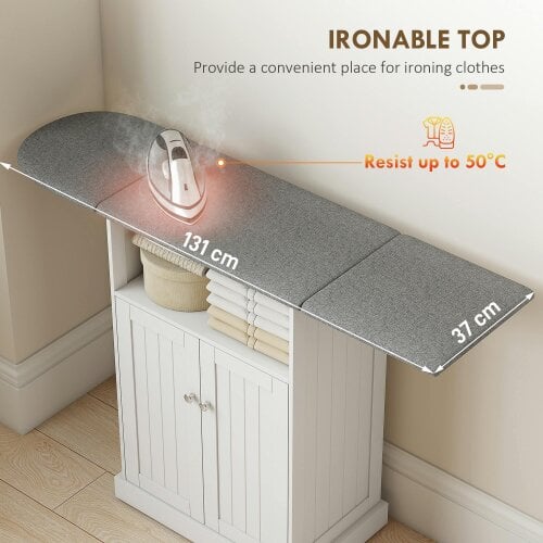 HOMCOM Ironing Board Cabinet on Wheels with Foldable Top, White
