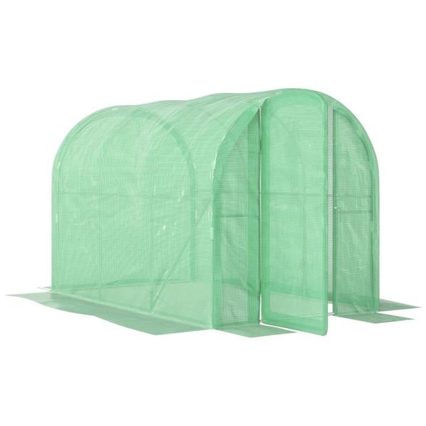 Green walk-in polytunnel greenhouse with arched frame and hinged door, PE cover