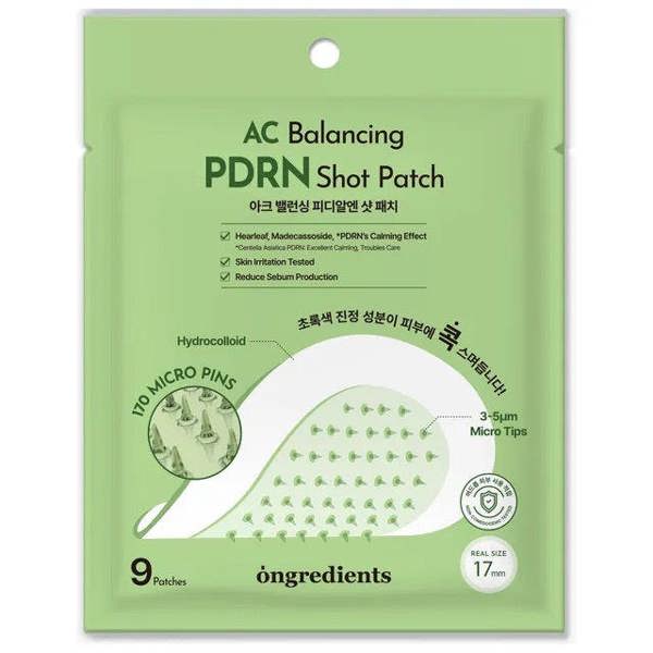 Ongredients AC Balancing PDRN Shot Patch 9 count – soothing spot treatment patches formulated with PDRN for calming active acne and skin irritation available at Atelier De Glow UK.