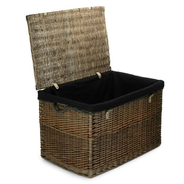 Large Antique Wash Storage Wicker Basket with Black Lining