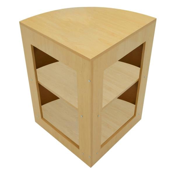 Gravity LED Shop Counter Set in maple finish, featuring a curved design, two open shelves, and a smooth wood texture for modern displays