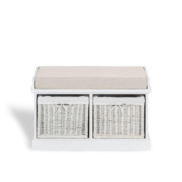 Statement Furniture Tetbury White Bench with White Wicker Baskets and Cream Cushion