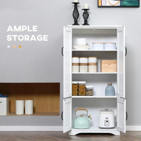White cabinet with open storage compartments and door shelves, black handles