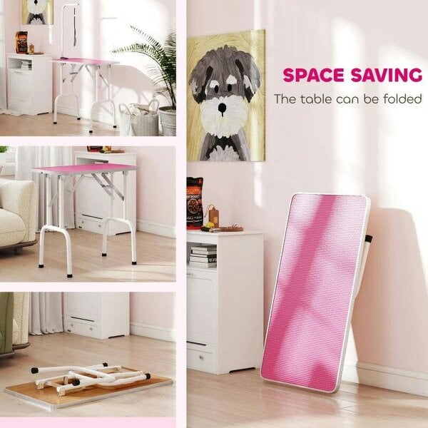 32" Foldable Dog Grooming Table Pet Drying Beauty Table Adjustable Fixed Arm Rubber Top, Pink