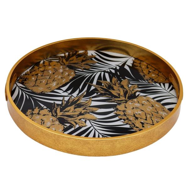 Maison des Cadeaux Round Decorative Gold Tropical Pineapple Serving Candle Drinks Tray