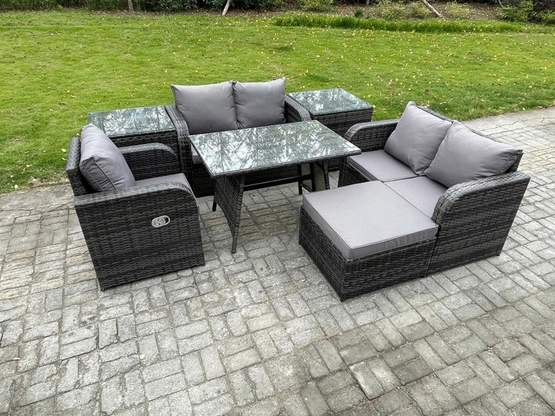 Fimous 7 Pieces Outdoor Garden Dining Sets Rattan Furniture With Dining Table Armchairs Love Sofa 2 Side Tables Big Footstool Dark Grey Mixed