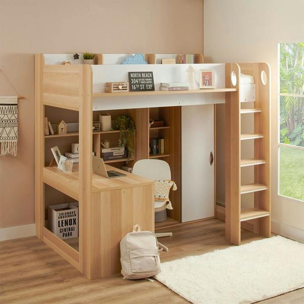 Ava High Sleeper with Desk & Storage Oak & White