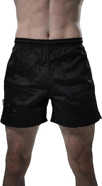 Man wearing black Optimum Auckland rugby shorts, cropped front view on white - Optimum
