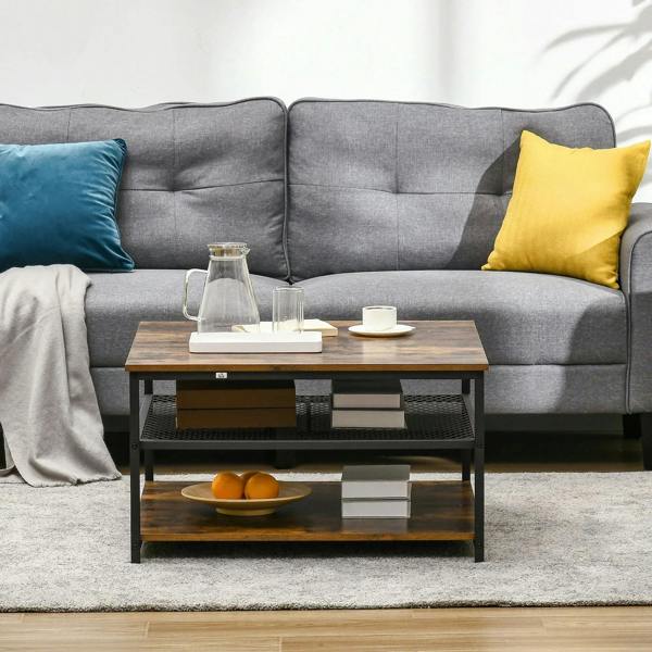 Rustic brown square coffee table with open storage drawers and metal wire shelf
