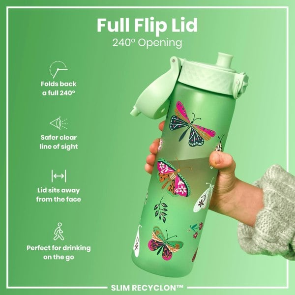 A light green water bottle, featuring a 240° flip lid and butterfly designs, is being held; the bottle's features are highlighted against a matching green background. "Full Flip Lid 240° Opening," "Folds back a full 240°," "Safer clear line of sight," "Lid sits away from the face," "Perfect for drinking on the go," and "SLIM RECYCLON™" are also shown.