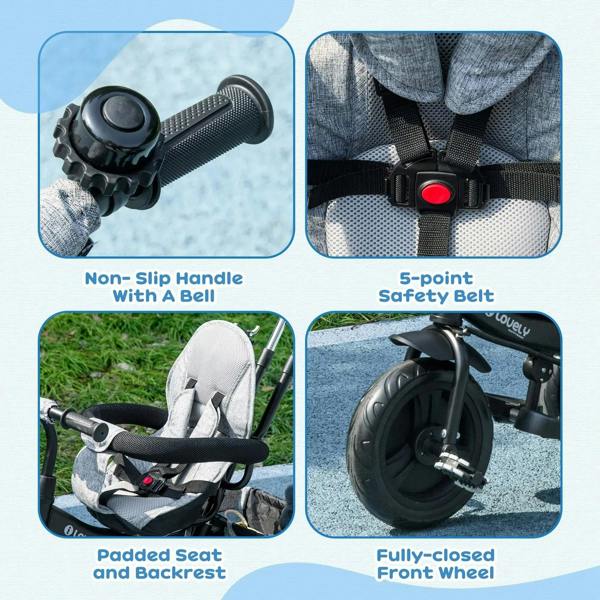 Grey kids trike with non-slip handle, bell, padded seat, and 5-point safety belt