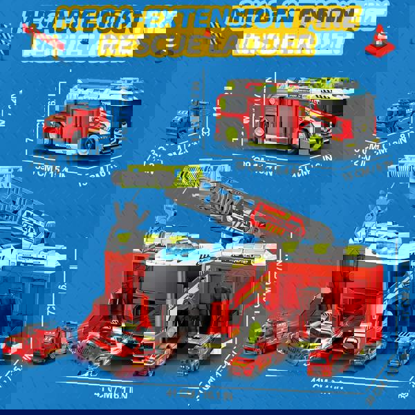 deAO 2-in-1 Transforming Fire Truck Playset with ladder launcher & mini cars - interactive rescue toy, perfect for birthdays and Christmas