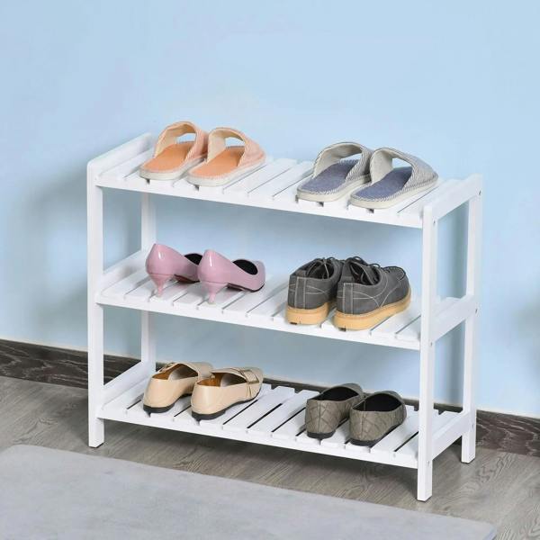 White 3-tier shoe rack with open slatted shelves, holding sandals and flats