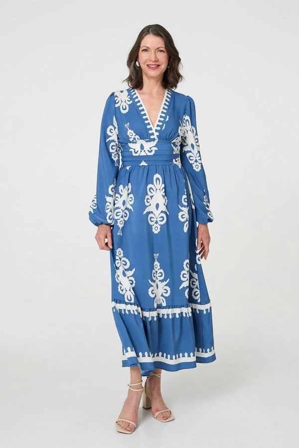 Blue | Ikat Print Empire Kimono Maxi Dress
