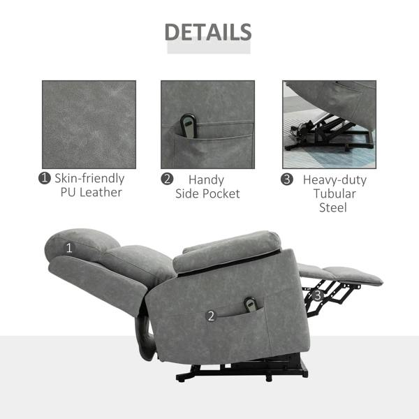Grey PU faux-leather recliner with side pocket and heavy-duty steel lift frame