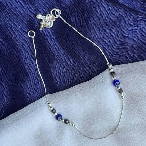 The Colourful Aura Pure Silver Beaded Evil Eye Nazar Payal Anklet with Charm Cluster