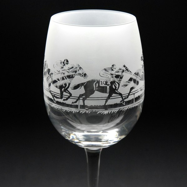 Glyptic Glass Art Horse Racing Crystal Wine Glass - Hand Etched/Engraved Gift