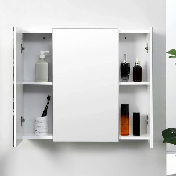 White wall-mounted mirror cabinet with two doors open and interior storage shelves