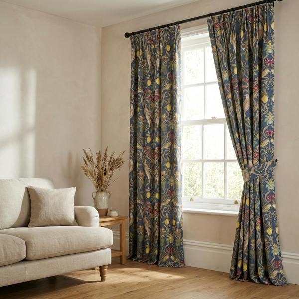 Kelmscott made-to-measure curtains in Navy, styled in a living room